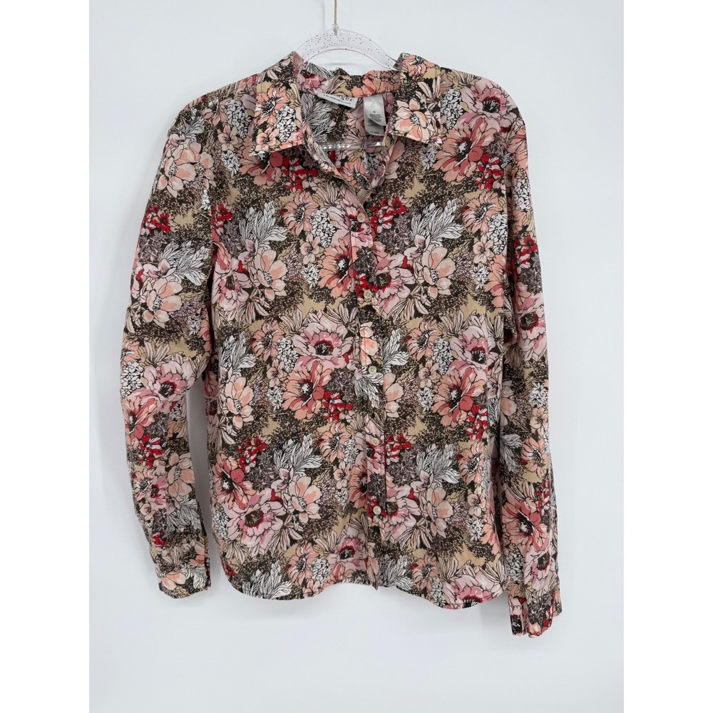 Villager Liz Claiborne Pink Floral Button Down Shirt Long Sleeve Blouse Sz 18